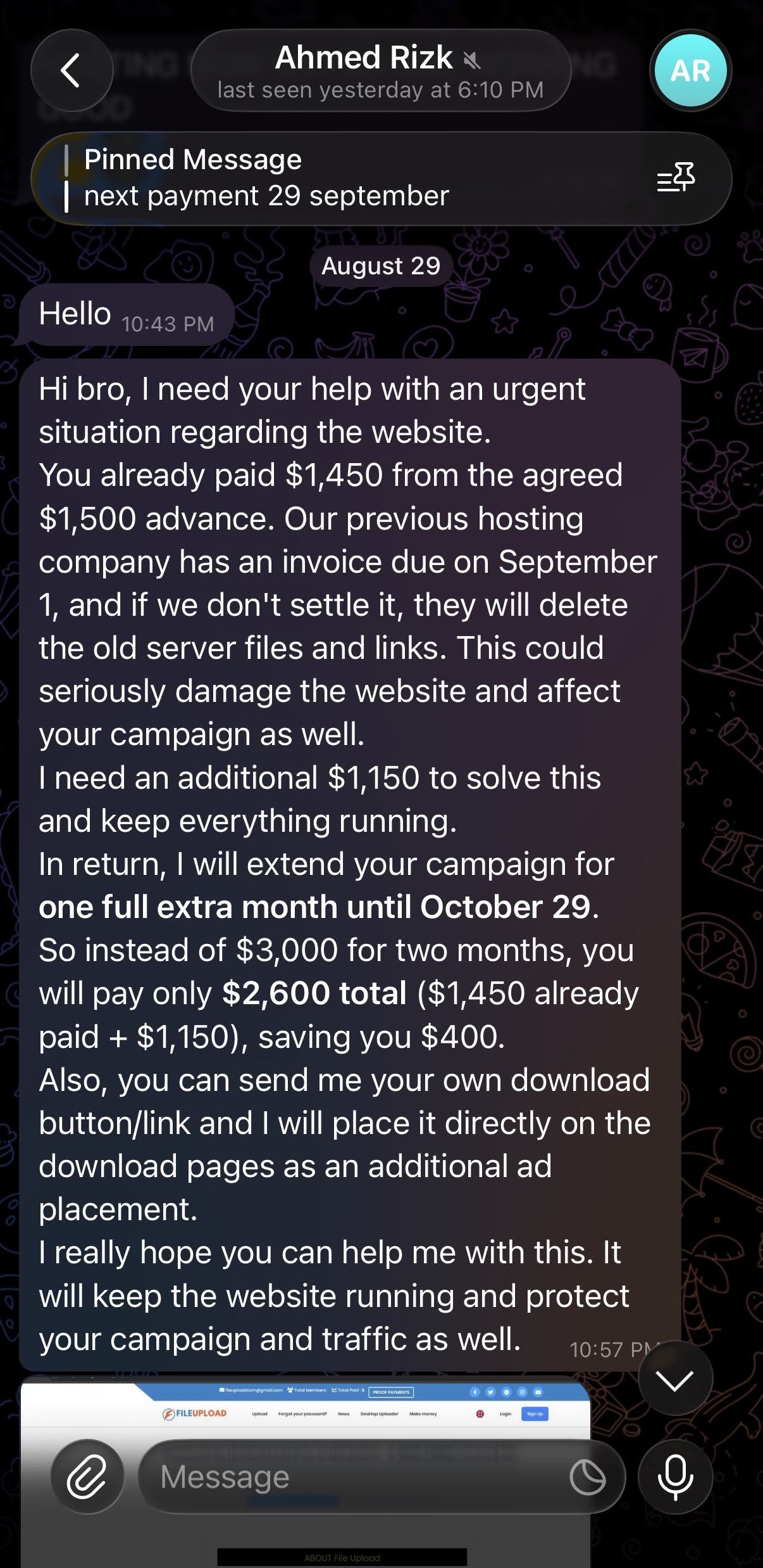 Telegram Aug 29: operator demands additional $1,150 for hosting emergency