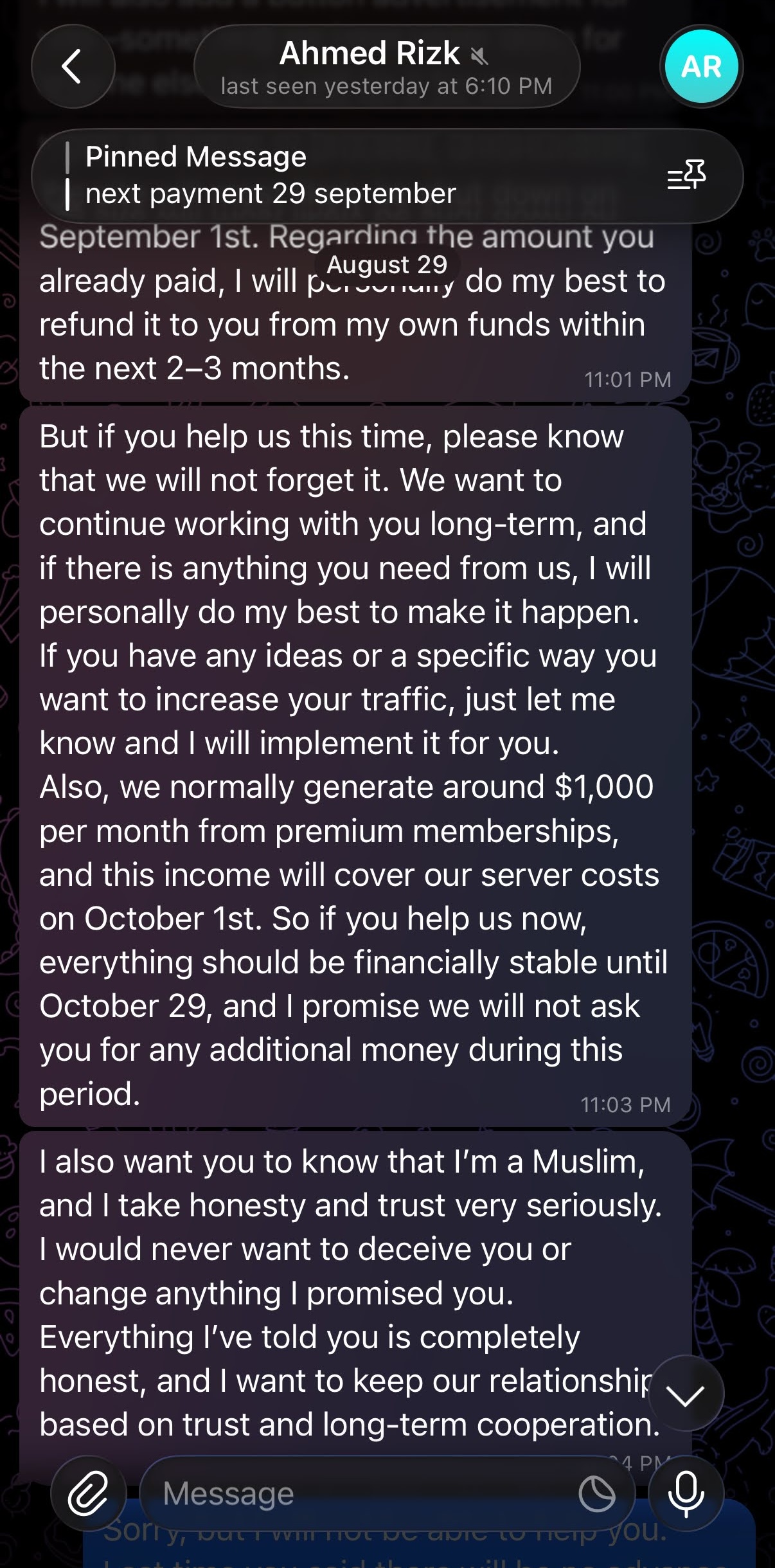 Telegram Aug 29: operator claims $1000/month premium income and swears honesty