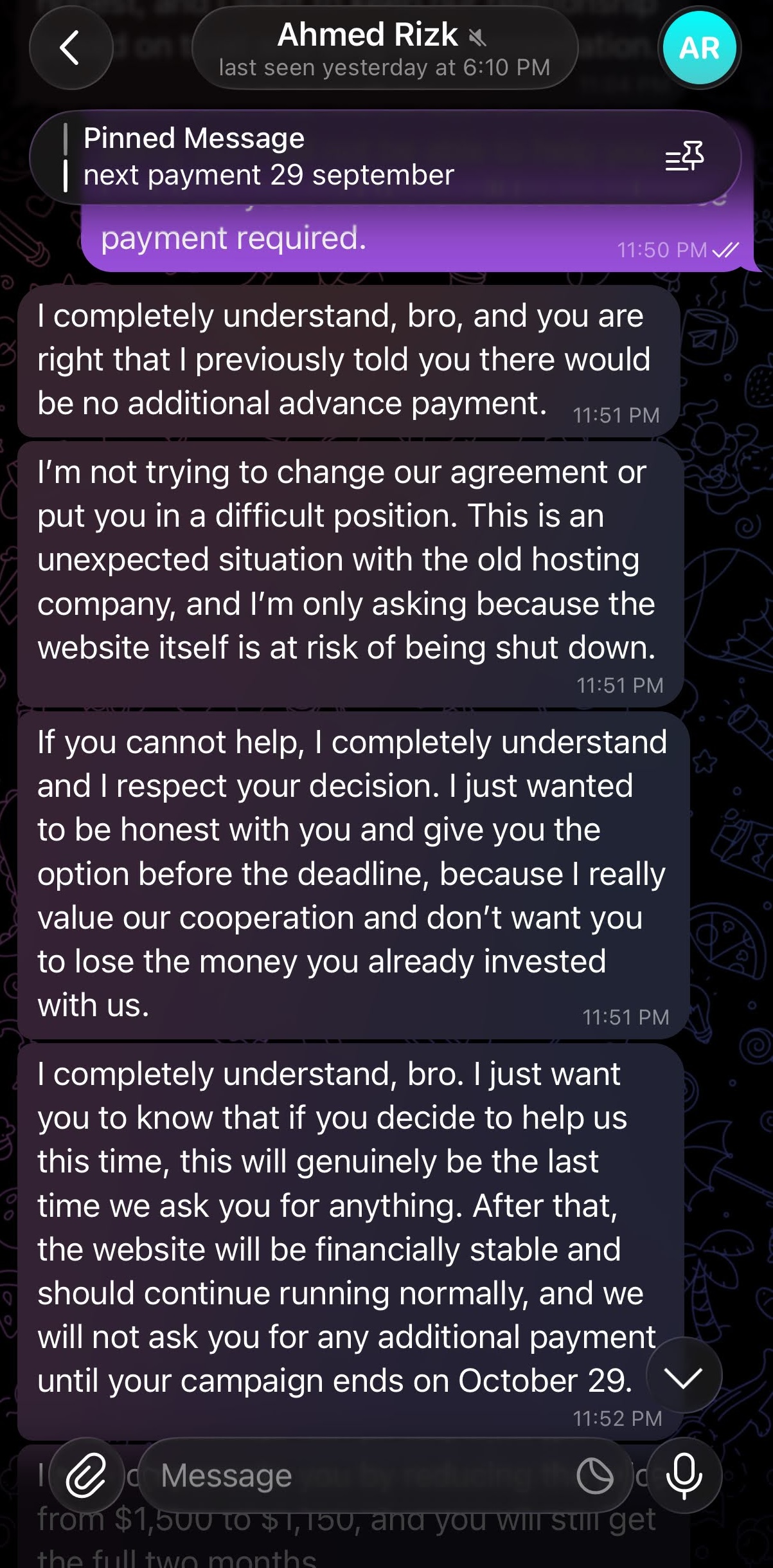 Telegram: operator promises this will genuinely be the last time he asks for anything
