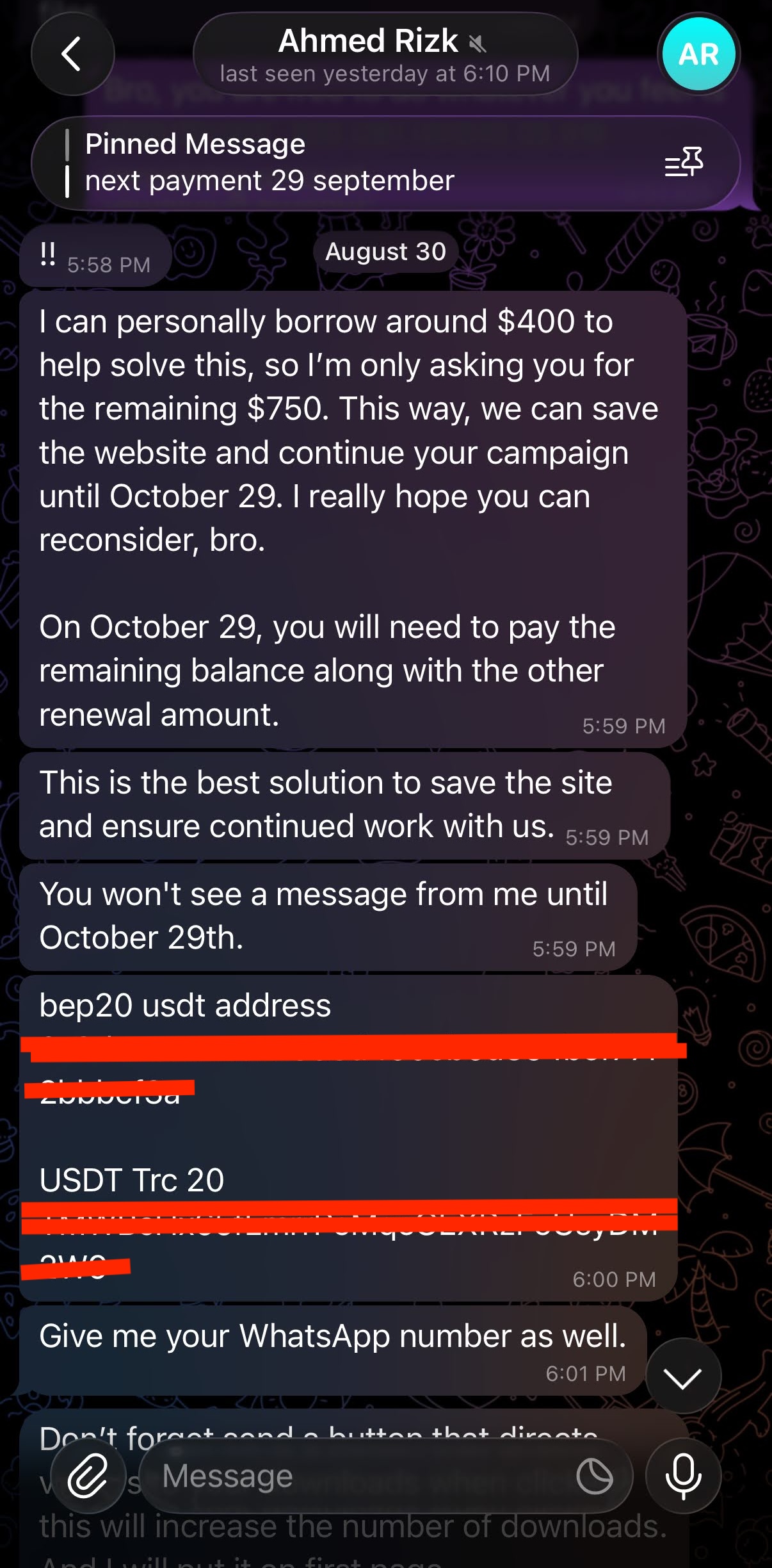 Telegram Aug 30: operator reduces demand to $750 and sends BEP20 and TRC20 USDT addresses