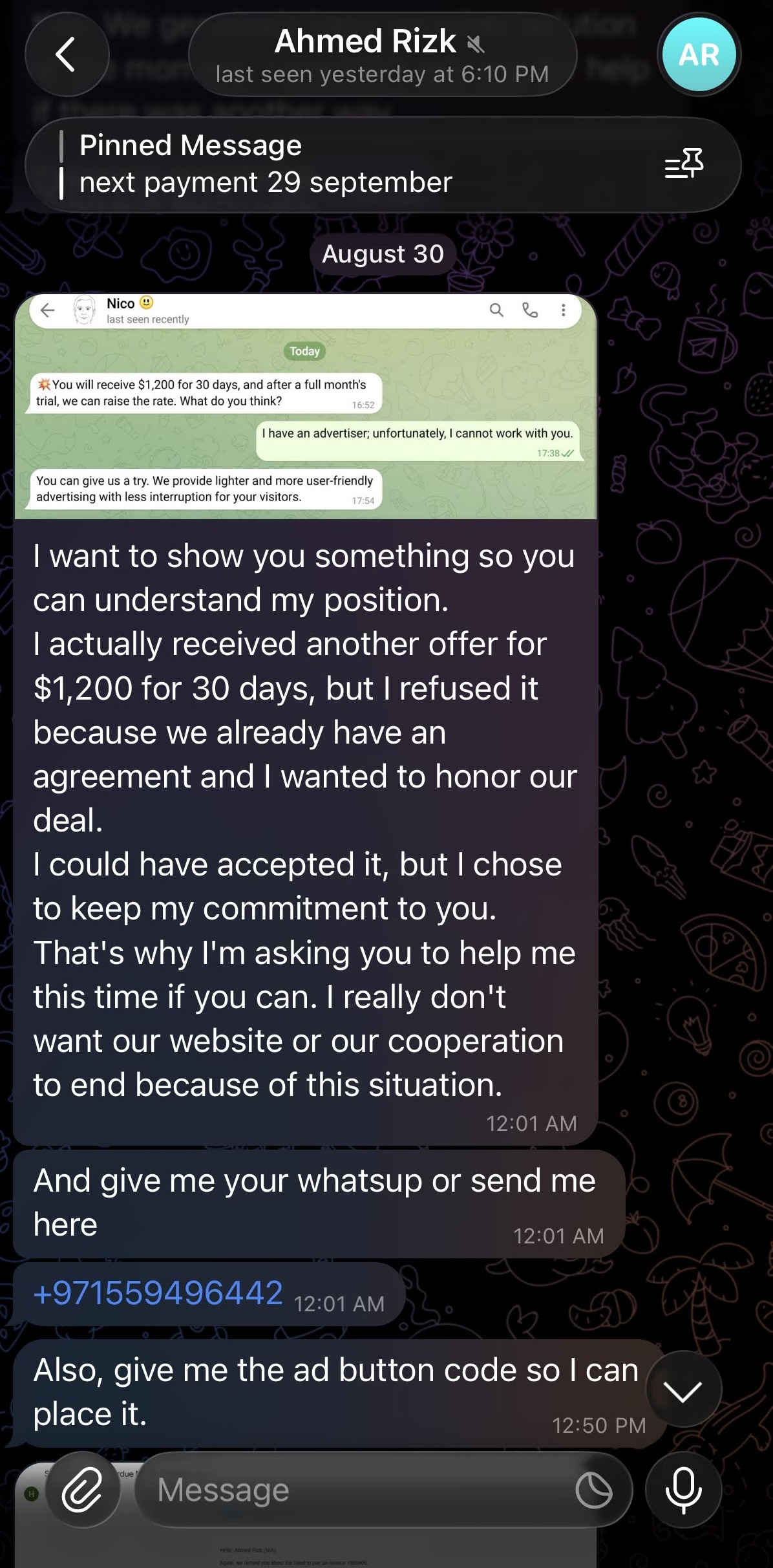Telegram Aug 30: forwarded chat with another advertiser Nico, and operator sharing his WhatsApp +971559496442