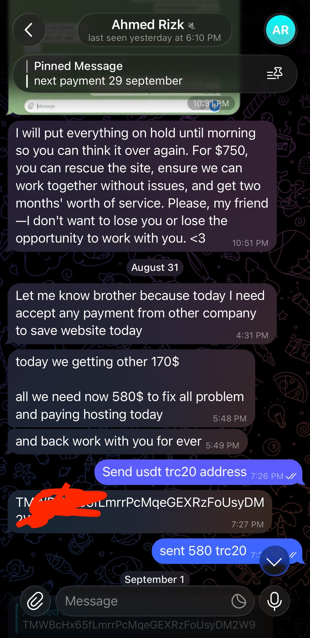 Telegram Aug 31: operator says today he must take another company's payment, needs $580, advertiser sends 580 TRC20