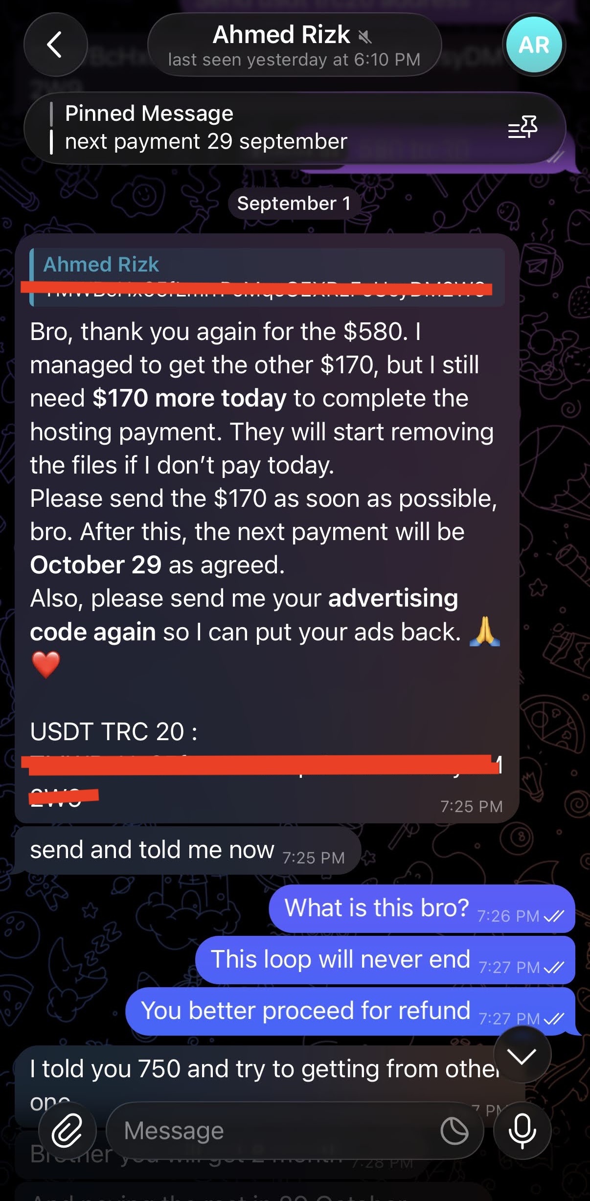 Telegram Sep 1: operator thanks for $580 and demands $170 more today, advertiser says this loop will never end