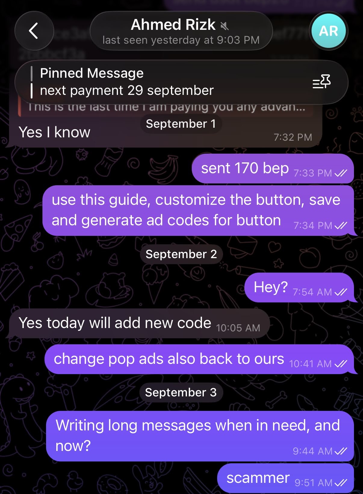 Telegram Sep 1-3: advertiser sends last 170 payment, operator promises to add code today, then ignores messages