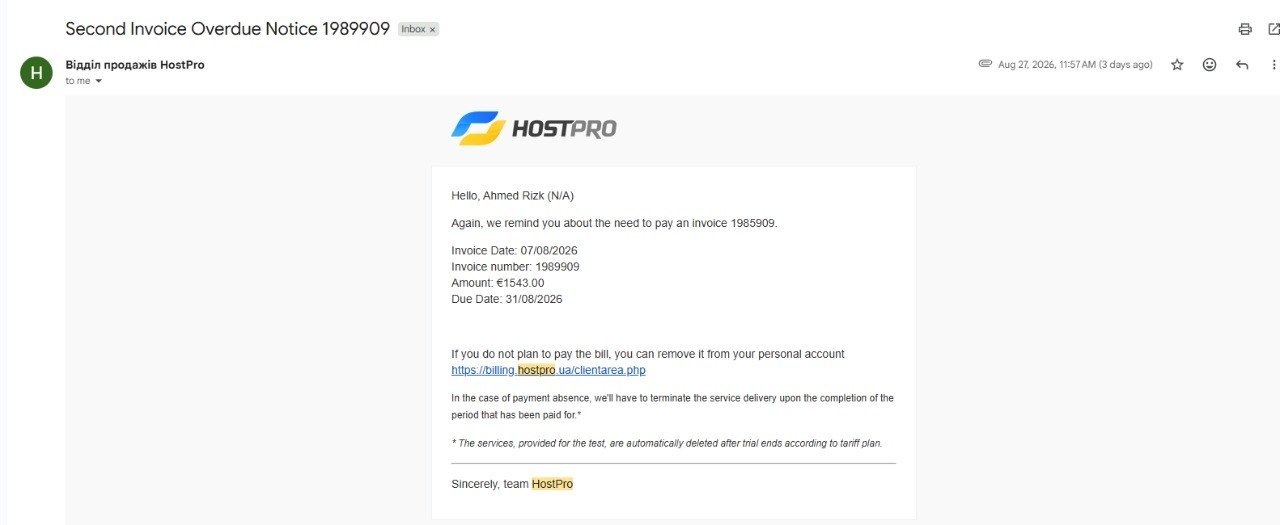 HostPro second invoice overdue notice 1989909, 1543 EUR, due 31/08/2026