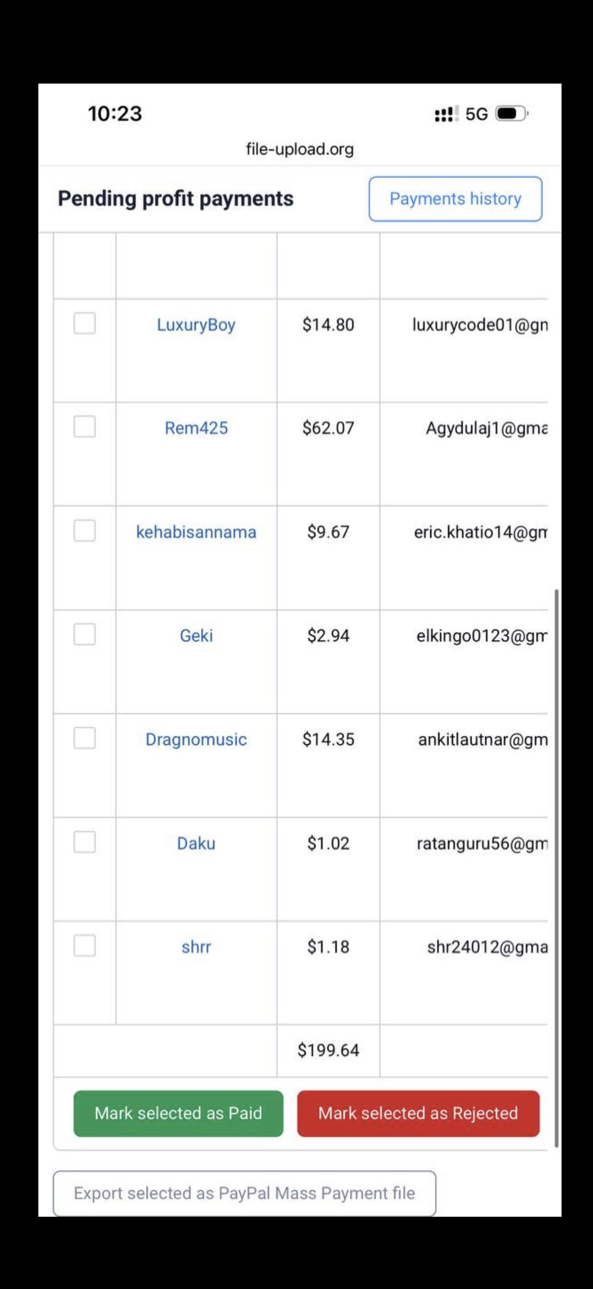 file-upload.org pending profit payments list, uploaders unpaid